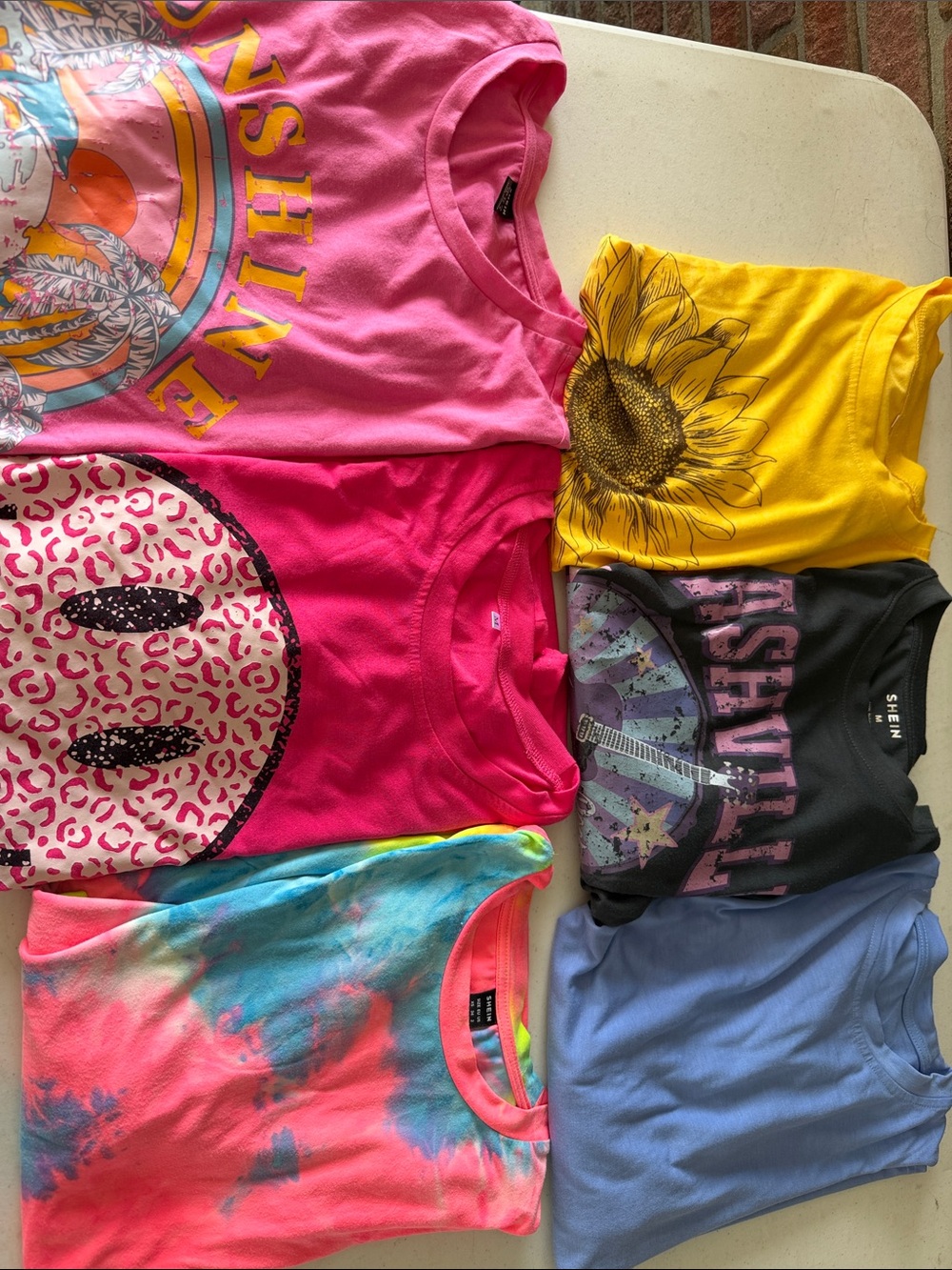 SHEIN women’s ' Pink & Yellow Graphic Short Sleeve Tees Pack- 6 shirts
